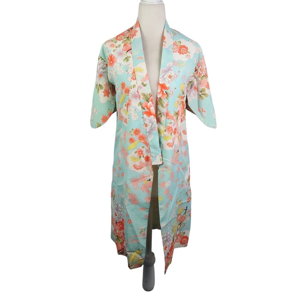 Vintage Hayashi Kimono Blue and Orange Floral Robe Made in Japan XS